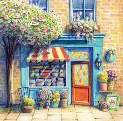 Rule 34 | basket, brick wall, colored pencil (medium), dariapnevaillustration, day, door, drawing (object), flower, flower shop, lantern, no humans, original, outdoors, pink flower, road, shop, signature, stained glass, still life, street, traditional media, tree, yellow flower