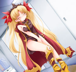 Rule 34 | 1girl, anbee (arary), armored boots, between legs, black leotard, blonde hair, blush, boots, bow, breasts, cape, closed eyes, crown, detached collar, door, dutch angle, earrings, embarrassed, ereshkigal (fate), fate/grand order, fate (series), female focus, hair bow, hand between legs, have to pee, highres, indoors, jewelry, leotard, long hair, medium breasts, own hands together, peeing, peeing self, pigeon-toed, puddle, red bow, red cape, single sleeve, skull, solo, standing, strapless, strapless leotard, tears, textless version, twintails, v arms, very long hair, wet, wet clothes, yellow footwear