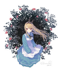 Rule 34 | 1girl, absurdres, alice (alice in wonderland), alice in wonderland, apron, black hairband, black ribbon, blonde hair, blue dress, bow hairband, closed mouth, dated, dress, floating hair, floral background, flower, frilled dress, frills, hairband, highres, light blush, long hair, long sleeves, looking at viewer, neck ribbon, red eyes, red flower, red rose, ribbon, rose, shirane rine, simple background, skirt, skirt tug, smile, solo, upper body, white apron, white background, wide sleeves