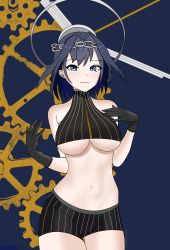 Rule 34 | absurdres, blue eyes, breasts, chain, cowboy shot, gears, gloves, halo, head chain, highres, hololive, hololive english, jewelry, konzatsu suru, looking at viewer, mechanical halo, navel, ouro kronii, shorts, underboob, virtual youtuber
