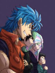 Rule 34 | 4boys, adam&#039;s apple, bags under eyes, biceps, bishounen, black hair, black shirt, blue background, blue hair, blue shirt, blue undershirt, clenched hands, coco (toriko), commentary request, cowlick, crossed arms, frown, green hair, green shirt, green wristband, grimace, highres, komatsu (toriko), light blue hair, lineup, long eyelashes, long hair, looking at viewer, medium hair, messy hair, mullet, multicolored hair, multiple boys, muscular, nervous, orange vest, partial commentary, pink hair, popped collar, profile, shadow, shirt, short hair, simple background, smile, smirk, smug, sunny (toriko), sweatdrop, sweater vest, toriko, toriko (series), torn clothes, torn shirt, torn sweater vest, tsurime, turban, very long hair, vest, yellow eyes, yh6 wjou