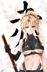Rule 34 | alternate breast size, bare shoulders, blonde hair, braid, breasts, covered collarbone, elbow gloves, fate/apocrypha, fate/grand order, fate (series), french braid, gloves, green eyes, hair ornament, hair scrunchie, highres, katana, keisuke desu~, looking at viewer, medium breasts, mordred (fate), mordred (fate/apocrypha), ponytail, red scrunchie, scrunchie, single elbow glove, single glove, sword, underboob, upper body, weapon