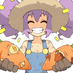 Rule 34 | 1girl, blue overalls, breasts, carrot, cleavage, commentary, drill hair, english commentary, extra eyes, closed eyes, facing viewer, gloves, grey gloves, grin, hat, holding, notice lines, otachan, overalls, purple hair, smile, solo, straw hat, the otachan show, twin drills, upper body, vins-mousseux