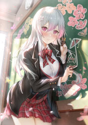 Rule 34 | 1girl, ai ai gasa, black jacket, black vest, blazer, bow, chalk, chalkboard, closed mouth, collared shirt, commentary request, diagonal stripes, dress shirt, finger cots, finger gloves, flower, gradient hair, hair between eyes, hair flower, hair ornament, highres, himonoata, holding, indoors, jacket, long hair, looking at viewer, multicolored hair, open clothes, open jacket, original, pink hair, plaid, plaid skirt, pleated skirt, purple eyes, red bow, red skirt, school uniform, shirt, silver hair, skirt, smile, solo, striped, striped bow, very long hair, vest, white flower, white shirt