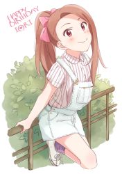 Rule 34 | 1girl, asymmetrical bangs, asymmetrical hair, blush, bow, brown hair, collared shirt, demirinz, dress shirt, hair bow, happy birthday, high ponytail, idolmaster, idolmaster (classic), leg up, long hair, looking at viewer, minase iori, overall shorts, overalls, pink bow, purple socks, red eyes, shirt, shoes, short sleeves, smile, sneakers, socks, solo, standing, standing on one leg, striped clothes, striped shirt, vertical stripes, white footwear, white overalls