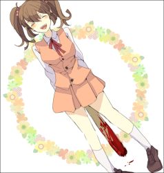 Rule 34 | 1girl, ^ ^, aki (misao), baseball bat, blood, blush, bow, brown hair, buttons, closed eyes, collared shirt, dutch angle, false smile, flower, framed, hair bow, hair ornament, holding, misao, pigeon-toed, red ribbon, ribbon, school uniform, shinkaisakana, shirt, shoes, simple background, smile, socks, solo, standing, twintails, weapon, white background