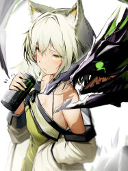 Rule 34 | 1girl, absurdres, animal ears, arknights, bare shoulders, blush, breasts, can, cleavage, green eyes, green hair, hair between eyes, highres, holding, holding can, kal&#039;tsit (arknights), looking at viewer, medium breasts, monster, short hair, simple background, solo, tab head, white background