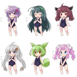 Rule 34 | 6+girls, :d, ^ ^, absurdres, ahoge, animal ears, bare arms, bare legs, bare shoulders, barefoot, blue eyes, blue one-piece swimsuit, blush, braid, brown hair, closed eyes, commentary request, covered navel, facing viewer, forehead, green hair, green hairband, grey hair, hair between eyes, hair ornament, hairband, headgear, headset, highres, kizuna akari, long hair, looking at viewer, low twintails, multiple girls, nose blush, old school swimsuit, one-piece swimsuit, open mouth, own hands together, pink hair, purple eyes, purple hair, red eyes, ryogo, school swimsuit, shikoku metan, simple background, smile, swimsuit, tail, touhoku kiritan, touhoku zunko, twin braids, twintails, v-shaped eyebrows, v arms, very long hair, vocaloid, voiceroid, voicevox, white background, yellow eyes, yuzuki yukari, zundamon
