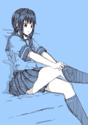 Rule 34 | 10s, 1girl, anchor print, blue background, blue panties, blue theme, commentary request, dressing, fubuki (kancolle), kantai collection, knee up, kneehighs, kouji (campus life), low ponytail, miniskirt, monochrome, panties, parted lips, pleated skirt, school uniform, serafuku, short ponytail, sidelocks, simple background, sitting, sketch, skirt, sock pull, socks, solo, underwear