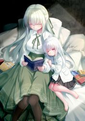 Rule 34 | 2020, 2girls, absurdres, age difference, albino, artist name, barefoot, bed, black legwear, black skirt, book, breasts, child, closed eyes, dated, feet, green skirt, highres, holding, karv, long hair, mother and daughter, multiple girls, original, pantyhose, pillow, reading, red eyes, shirt, sitting, skirt, smile, toes, very long hair, white hair, white shirt