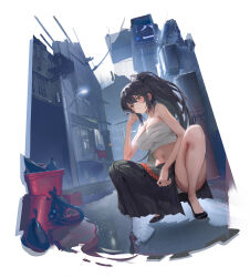 Rule 34 | 1girl, absurdres, black footwear, black hair, black skirt, breasts, brown eyes, cleavage, closed mouth, commentary, commission, copyright request, english commentary, full body, hand up, highres, large breasts, long hair, looking at viewer, navel, outdoors, panties, pleated skirt, ponytail, puddle, reflection, road, rope, sarashi, side slit, skirt, solo, squatting, street, takune019, trash bag, trash can, underwear, white panties