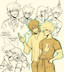 Rule 34 | 2boys, bakugou katsuki, blazer, blush, boku no hero academia, closed eyes, closed mouth, collared shirt, commentary, crossed arms, english commentary, english text, habkart, hand in pocket, heart, highres, hug, hug from behind, jacket, kabedon, looking at another, looking to the side, male focus, monochrome, multiple boys, multiple views, necktie, one eye closed, pants, school uniform, sero hanta, shirt, short hair, short sleeves, simple background, smile, speech bubble, spiked hair, standing, u.a. school uniform, yaoi, yellow background, yellow theme