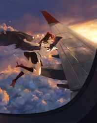 1girl :d absurdres aircraft airplane bird_wings black_hair black_ribbon black_skirt black_socks camera cloud cloudy_sky collared_shirt commentary english_commentary flying geta gu0st hair_between_eyes hat highres holding_strap kneehighs looking_at_viewer miniskirt neck_ribbon open_mouth outdoors pom_pom_(clothes) puffy_short_sleeves puffy_sleeves red_eyes red_footwear red_hat ribbon shameimaru_aya shirt short_hair short_sleeves skirt sky smile socks solo tengu tengu-geta tokin_hat touhou white_shirt wings