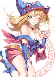 Rule 34 | 1girl, absurdres, bare shoulders, blonde hair, boots, breasts, capelet, cleavage, collar, collarbone, commentary request, dark magician girl, dress, green eyes, hand up, hat, highres, kikurage tom., knee boots, long hair, looking at viewer, medium breasts, one eye closed, parted lips, pentacle, short dress, simple background, skirt, smile, solo, strapless, strapless dress, teeth, thighs, v, vambraces, white background, yu-gi-oh!, yu-gi-oh! duel monsters