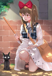 Rule 34 | 1girl, :d, absurdres, animal, animalization, ankle strap, artist name, assault lily, bag, black cat, blouse, blue vest, bow, brick wall, broom, brown bag, brown footwear, brown hair, building, buttons, cat, clothes around waist, collared shirt, commentary request, cosplay, day, feza chen (ushaku), flower, flower knot, hair bow, heterochromia, high-waist skirt, highres, holding, holding broom, jiji (majo no takkyuubin), jiji (majo no takkyuubin) (cosplay), kiki (majo no takkyuubin), kiki (majo no takkyuubin) (cosplay), kuo shenlin, light blush, long hair, long skirt, looking at animal, looking at another, looking down, looking up, lower teeth only, majo no takkyuubin, neck ribbon, on ground, on one knee, one side up, open mouth, outdoors, pink flower, plaid, plaid vest, red bow, red eyes, ribbon, see-through, shade, shirt, shoes, shoulder bag, sidelocks, skirt, smile, solo, tassel, teeth, tree shade, vest, wang yujia, white ribbon, white shirt, white skirt, yellow eyes