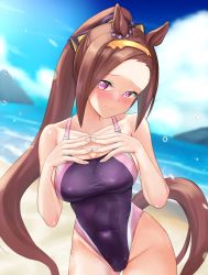 Rule 34 | 1girl, absurdres, animal ears, beach, blue sky, breasts, brown hair, cleavage, cloud, commentary request, competition swimsuit, day, flower in eye, groin, hands on own chest, highleg, highleg swimsuit, highres, horse ears, horse girl, horse tail, long hair, looking at viewer, medium breasts, one-piece swimsuit, outdoors, purple eyes, purple one-piece swimsuit, sakura bakushin o (umamusume), sky, solo, swimsuit, symbol in eye, tail, tatsumi yashiro, umamusume