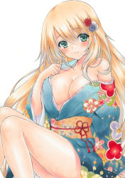 Rule 34 | 1girl, atago (kancolle), bare shoulders, blonde hair, breasts, cleavage, closed mouth, green eyes, hair ornament, japanese clothes, kantai collection, kimono, legs, long hair, looking at viewer, marker (medium), medium breasts, millipen (medium), off shoulder, ren (endscape20), simple background, sitting, smile, solo, traditional media, white background
