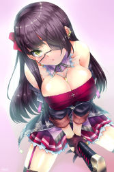 Rule 34 | 1girl, bare shoulders, black hair, breasts, cleavage, detached collar, doyouwantto, earrings, eyepatch, garter straps, gloves, green eyes, highres, holding, jewelry, large breasts, long hair, necklace, original, pleated skirt, signature, skirt, solo, star (symbol), star earrings, sword hilt, v arms