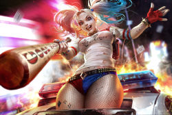 Rule 34 | 1girl, absurdres, artist name, baseball bat, batman (series), belt, blonde hair, blue hair, blue nails, body writing, bodypaint, bracelet, breasts, car, choker, clothes writing, collar, cowboy shot, dc comics, dcwj, ear piercing, earrings, explosion, eyeshadow, facial mark, facial tattoo, fingerless gloves, fire, fishnet pantyhose, fishnets, forehead, foreshortening, gloves, gradient hair, green eyes, hair ornament, hair tie, harley quinn, head tilt, heart, heart tattoo, highres, huge filesize, incredibly absurdres, jacket, jewelry, large breasts, leaning back, light, lipstick, long hair, looking at viewer, makeup, mascara, midriff, motion blur, motor vehicle, multicolored hair, nail polish, navel, official art, open clothes, open jacket, pantyhose, parted bangs, piercing, pink hair, police car, red gloves, red hair, red lips, shirt, short shorts, short sleeves, shorts, signature, single glove, sitting, smile, solo, spiked bracelet, spikes, stitches, strap, studded belt, suicide squad, t-shirt, tattoo, teeth, tongue, tongue out, torn clothes, torn shirt, twintails, white shirt