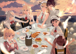 Rule 34 | 10s, 1boy, 6+girls, absurdres, admiral (kancolle), alcohol, aquila (kancolle), armpit cutout, armpits, bare shoulders, blonde hair, blunt bangs, bottle, braid, breasts, brown eyes, brown hair, capelet, chair, clothing cutout, cloudy, coffee cup, collared shirt, corset, cup, detached sleeves, disposable cup, dress, feathers, food, fork, french braid, garter straps, glasses, green ribbon, grey hair, hair between eyes, hair ornament, hair ribbon, hairclip, hat, headdress, high ponytail, highres, ice, ice cube, jewelry, kantai collection, large breasts, libeccio (kancolle), littorio (kancolle), long hair, long sleeves, looking at viewer, manicotti, meatball, mini hat, multiple girls, nodokana yuki, one eye closed, open mouth, orange hair, ornate ring, outdoors, pasta, pince-nez, pola (kancolle), ponytail, pot, ribbon, ring, roma (kancolle), sailor dress, shirt, short hair, sitting, skirt, sky, sleeveless, sleeveless shirt, smile, spaghetti, spaghetti and meatballs, spoon, sunset, swept bangs, table, tablecloth, twintails, wavy hair, wedding ring, white shirt, wine, wine bottle, yellow eyes, zara (kancolle)