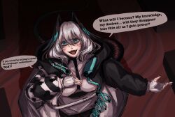 Rule 34 | 1girl, arknights, black jacket, blue eyes, breasts, cowboy shot, dress, english text, fangs, fingerless gloves, from above, gloves, grey hair, hair between eyes, head wings, highres, ho&#039;olheyak (arknights), jacket, looking up, medium breasts, open clothes, open jacket, open mouth, solo, speech bubble, sweat, white dress, white gloves, wings, yuec