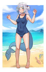 Rule 34 | 1girl, absurdres, aged up, barefoot, beach, blue eyes, blue hair, blush, bonz (bonz0616), breasts, bucket, closed mouth, cloud, commentary, day, english commentary, fins, fish tail, full body, gawr gura, highres, hololive, hololive english, long hair, looking at viewer, medium breasts, multicolored hair, one-piece swimsuit, outdoors, school swimsuit, shark tail, silver hair, sky, solo, standing, streaked hair, swimsuit, tail, two-tone hair, two side up, virtual youtuber, water