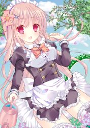 Rule 34 | 1girl, blue sky, blush, bow, bowtie, breasts, buttons, cloud, commentary request, cowboy shot, day, dress, dutch angle, eyebrows, flower, frilled dress, frills, garter straps, gluteal fold, hair flower, hair ornament, hand up, highres, holding, juliet sleeves, leaf, long hair, long sleeves, looking at viewer, maid, maid headdress, medium breasts, moe2015, nature, open mouth, original, outdoors, pink bow, pink bowtie, pink hair, puffy sleeves, red eyes, satsuki mayuri, sidelocks, sky, smile, solo, standing, thighhighs, tree, water, watering can, white thighhighs, x hair ornament