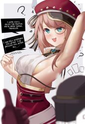 Rule 34 | 1boy, 1girl, ?, aether (genshin impact), aqua eyes, arm up, armpits, backless shirt, bare shoulders, belt, black gloves, blush, breasts, brooch, cabbie hat, charlotte (genshin impact), commentary request, eroborne, genshin impact, gloves, hat, highres, jewelry, large breasts, looking at viewer, monocle, pink hair, red hat, red skirt, shirt, short hair, sideboob, skirt, speech bubble, suspender skirt, suspenders, thumbs up, v-shaped eyebrows, white belt, white shirt