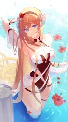 Rule 34 | 1girl, absurdres, aoi tooru, arknights, arm up, armpits, bare shoulders, black hairband, blonde hair, blue eyes, commentary request, flower, hairband, highres, horns, long hair, looking at viewer, ocean, official alternate costume, one-piece swimsuit, red flower, saileach (arknights), saileach (summer flowers) (arknights), solo, swimsuit, thighs, very long hair, wading, water