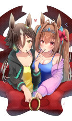Rule 34 | 2girls, animal ears, bare shoulders, black jacket, blue shirt, blush, bow, breasts, brown hair, camisole, cleavage, collarbone, daiwa scarlet (umamusume), fang, feeding, food in mouth, glint, hair bow, hair intakes, hair over one eye, heart, highres, horse ears, jacket, large breasts, long sleeves, mouth hold, multicolored hair, multiple girls, notice lines, off shoulder, pink jacket, pocky day, poco., red eyes, shirt, short hair, signature, simple background, skin fang, small breasts, streaked hair, tiara, twintails, umamusume, unmoving pattern, upper body, vodka (umamusume), white background, yellow eyes, yellow shirt, yuri