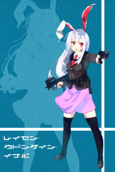 Rule 34 | 1girl, animal ears, bad id, bad pixiv id, black thighhighs, bullpup, colorized, dancho (dancyo), dual wielding, female focus, fn five-seven, gun, handgun, highres, holding, laser sight, p90, pdw-caliber pistol, personal defense weapon, pistol, rabbit ears, reisen udongein inaba, semi-automatic firearm, skull.03, solo, submachine gun, thighhighs, touhou, translated, weapon