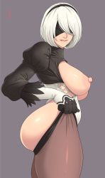Rule 34 | 1other, 2b (nier:automata), adjusting clothes, adjusting legwear, ass, ass grab, black blindfold, blindfold, breasts, curvy, from side, gloves, highres, huge ass, juliet sleeves, large breasts, leotard, long sleeves, lunasanguinis, mole, mole under mouth, nier:automata, nier (series), pantyhose, parted lips, puffy sleeves, skindentation, solo, teasing, teeth, thighhighs, thighs, tight clothes, white gloves, white hair, white leotard