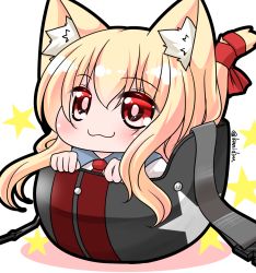 Rule 34 | 1girl, :3, animal ear fluff, animal ears, blonde hair, blush, cat ears, cat girl, cat tail, closed mouth, collared shirt, commentary request, hair between eyes, helmet, in container, kanijiru, long hair, mini person, minigirl, necktie, original, red eyes, red necktie, red ribbon, ribbon, shirt, solo, star (symbol), tail, tail ornament, tail raised, tail ribbon, twitter username, very long hair, white background, white shirt