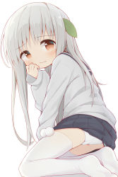 Rule 34 | 1girl, absurdres, ayanepuna, black sailor collar, black skirt, blush, borrowed character, brown eyes, closed mouth, clothes lift, commentary request, fuyuno usako, grey hair, grey shirt, hair ornament, hand up, highres, leaf hair ornament, long hair, long sleeves, looking at viewer, no shoes, original, pleated skirt, sailor collar, school uniform, serafuku, shadow, shirt, skirt, skirt lift, sleeves past wrists, soles, solo, tears, thighhighs, very long hair, white background, white thighhighs