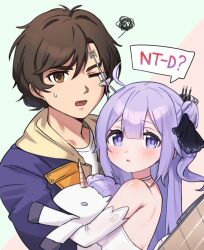 Rule 34 | 1boy, 1girl, ahoge, azur lane, backless outfit, banagher links, bare shoulders, black ribbon, blue jacket, blush, brown eyes, brown hair, commentary, crossover, hugging doll, elbow gloves, gloves, green background, gundam, gundam unicorn, hair between eyes, hair bun, hair ribbon, highres, hood, hood down, hooded jacket, jacket, light purple hair, long hair, looking at viewer, name connection, hugging object, one eye closed, open mouth, parted lips, pink background, purple eyes, ribbon, shirt, short hair, simple background, single hair bun, single side bun, speech bubble, squiggle, stuffed animal, stuffed toy, stuffed unicorn, suikatsu, sweat, two-tone background, unicorn (azur lane), upper body, white gloves, white shirt