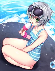 Rule 34 | 1girl, bracelet, breasts, cleavage, collarbone, eyewear on head, fate (series), food, gendo0032, green eyes, jack the ripper (fate/apocrypha), jewelry, looking at viewer, medium breasts, parted lips, popsicle, seiza, short hair, silver hair, sitting, solo, sparkle, sunglasses, water drop