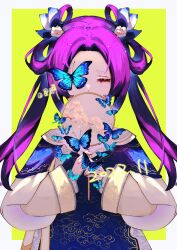 Rule 34 | 1girl, 2022, absurdres, blue bow, blue butterfly, blue capelet, blue dress, border, bow, bug, butterfly, butterfly on face, capelet, chinese clothes, closed eyes, cloud print, covered mouth, dress, eyelashes, floral print, flower, hair bow, hair flower, hair ornament, hair rings, hand fan, highres, holding, holding fan, insect, layered capelet, layered sleeves, long hair, long sleeves, one eye covered, original, purple hair, solo, too many, too many butterflies, tuanshan, twintails, twitter username, upper body, white border, white capelet, white flower, white sleeves, wide sleeves, xing bi, yellow background