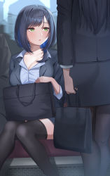 Rule 34 | 2girls, bag, black hair, black jacket, black pantyhose, black skirt, black thighhighs, blush, breasts, cleavage, collarbone, collared shirt, green eyes, highres, holding, holding bag, jacket, large breasts, long sleeves, looking at another, multiple girls, office lady, original, pantyhose, parted lips, shirt, shougun (chuckni1), sitting, skirt, solo focus, standing, thighhighs, thighs
