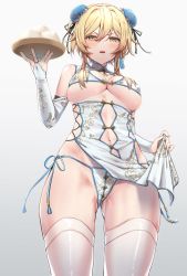 Rule 34 | 1girl, alternate costume, blonde hair, blush, breasts, bun cover, china dress, chinese clothes, chumugi, cleavage, clothes lift, clothing cutout, cowboy shot, dress, food, genshin impact, gradient background, groin, highres, large breasts, lifted by self, looking at viewer, lumine (genshin impact), navel, open mouth, panties, short hair, side-tie panties, standing, thighhighs, underwear, v-shaped eyebrows, white background, white panties, white thighhighs, yellow eyes