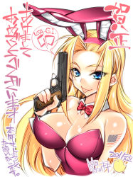 Rule 34 | 1girl, :p, american flag, animal ears, blonde hair, blue eyes, breasts, cleavage, fake animal ears, gun, hiyohiyo, holding, holding gun, holding weapon, original, playboy bunny, rabbit ears, solo, tattoo, tongue, tongue out, translation request, trigger discipline, weapon
