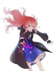 Rule 34 | 1girl, absurdres, ahoge, black cape, black gloves, blue dress, cape, curly hair, dress, fingerless gloves, floating hair, frilled dress, frills, frown, gloves, highres, holding, holding wand, hood, hood down, kagari mimi, kimi ga shinu made koi wo shitai, light particles, looking at viewer, lrhwushang, magic, parted lips, purple eyes, red hair, serious, simple background, solo, sparkle, standing, wand, white background