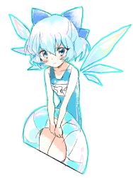 Rule 34 | 1girl, blue eyes, blue hair, blush, bow, cirno, flat chest, hair bow, hinabu, innertube, matching hair/eyes, one-piece swimsuit, school swimsuit, short hair, simple background, solo, swim ring, swimsuit, touhou, white background