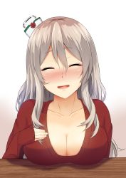 Rule 34 | 10s, 1girl, ^ ^, absurdres, blush, breast rest, breasts, cleavage, closed eyes, collarbone, drunk, eyebrows, facing viewer, gradient background, grey hair, hair between eyes, hand on own chest, hat, highres, kantai collection, large breasts, long hair, long sleeves, looking at viewer, mini hat, ohiya, open mouth, pink lips, pola (kancolle), red sweater, sleeves past wrists, smile, solo, sweater, table, upper body, white background, wooden table