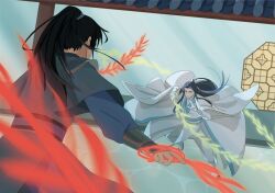 Rule 34 | 2boys, architecture, black hair, chu wanning, east asian architecture, erha he tadebai mao shizun, eye contact, fighting, fighting stance, gloves, highres, holding, holding weapon, long hair, looking at another, male focus, mo ran, multiple boys, outdoors, weapon, white gloves, windrider404, wuxia