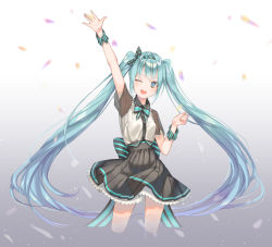 Rule 34 | 1girl, absurdres, aqua eyes, aqua hair, arm up, black skirt, buttons, cha chya, collared shirt, commentary, english commentary, hairband, hatsune miku, high-waist skirt, highres, long hair, looking at viewer, one eye closed, open mouth, petticoat, pleated skirt, see-through, see-through sleeves, shirt, short sleeves, sidelocks, skirt, smile, solo, standing, very long hair, vocaloid, waving, wrist cuffs