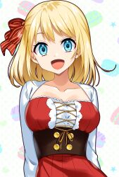 Rule 34 | 1girl, blonde hair, blue eyes, breasts, collarbone, commentary request, highres, large breasts, long sleeves, looking at viewer, medium hair, open mouth, original, smile, solo, upper body, white background, yuihico