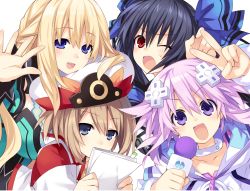 Rule 34 | &gt;:d, 10s, 4girls, :d, absurdres, black hair, blanc (neptunia), blonde hair, blue eyes, blush, bookmark, breasts, brown hair, collar, collarbone, d-pad, female focus, game cg, hair ornament, hair ribbon, hat, highres, holding, holding microphone, holding paper, kami jigen game neptune v, large breasts, long hair, looking at viewer, microphone, multiple girls, neptune (neptunia), neptune (series), noire (neptunia), non-web source, official art, one eye closed, open mouth, paper, purple eyes, purple hair, red eyes, ribbon, short hair, simple background, smile, sweatdrop, tsunako, twintails, v, v-shaped eyebrows, vert (neptunia), vert (ultra dimension) (neptunia), white background