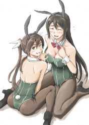 Rule 34 | 10s, 2girls, adapted costume, animal ears, arm support, ass, back, bare arms, bare back, bare shoulders, black footwear, black hair, black legwear, blush, bow, bowtie, breasts, brown eyes, brown hair, brown legwear, chikuma (kancolle), cleavage, clenched teeth, detached collar, fake animal ears, female focus, grin, hair between eyes, hair ribbon, happy, high heels, kantai collection, large breasts, laughing, leotard, long hair, looking at viewer, looking back, multiple girls, naughty face, neck, open mouth, pantyhose, playboy bunny, pulling, rabbit ears, rabbit tail, ribbon, shadow, shoes, simple background, sitting, smile, strapless, tail, teeth, tone (kancolle), twintails, vent arbre, wariza, white background, wrist cuffs, yuri