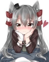 Rule 34 | 10s, 1girl, :o, ^ ^, amatsukaze (kancolle), ascot, black hat, blush, brown eyes, brown shirt, closed eyes, closed mouth, dress, eyebrows, gloves, grey hair, hair between eyes, hair tubes, hairband, hands on own cheeks, hands on own face, hat, head rest, headgear, heart, highres, kantai collection, lifebuoy, long hair, long sleeves, looking at viewer, lying, pentagon (railgun ky1206), sailor dress, shirt, simple background, single glove, smile, solo, striped, swim ring, two side up, upper body, white background, white gloves