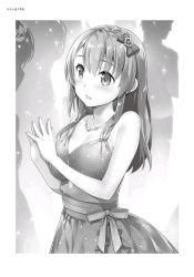 Rule 34 | 1girl, 29 to jk, blush, bow, breasts, cleavage, collarbone, dress, greyscale, hair between eyes, hair bow, hair ornament, heart, heart hair ornament, highres, jewelry, long hair, medium breasts, monochrome, necklace, novel illustration, official art, open mouth, sleeveless, sleeveless dress, solo focus, standing, yan-yam